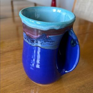 Neher Signed Studio Art Pottery Right Hand Warmer Mug Cup Blue Green Drip 2021